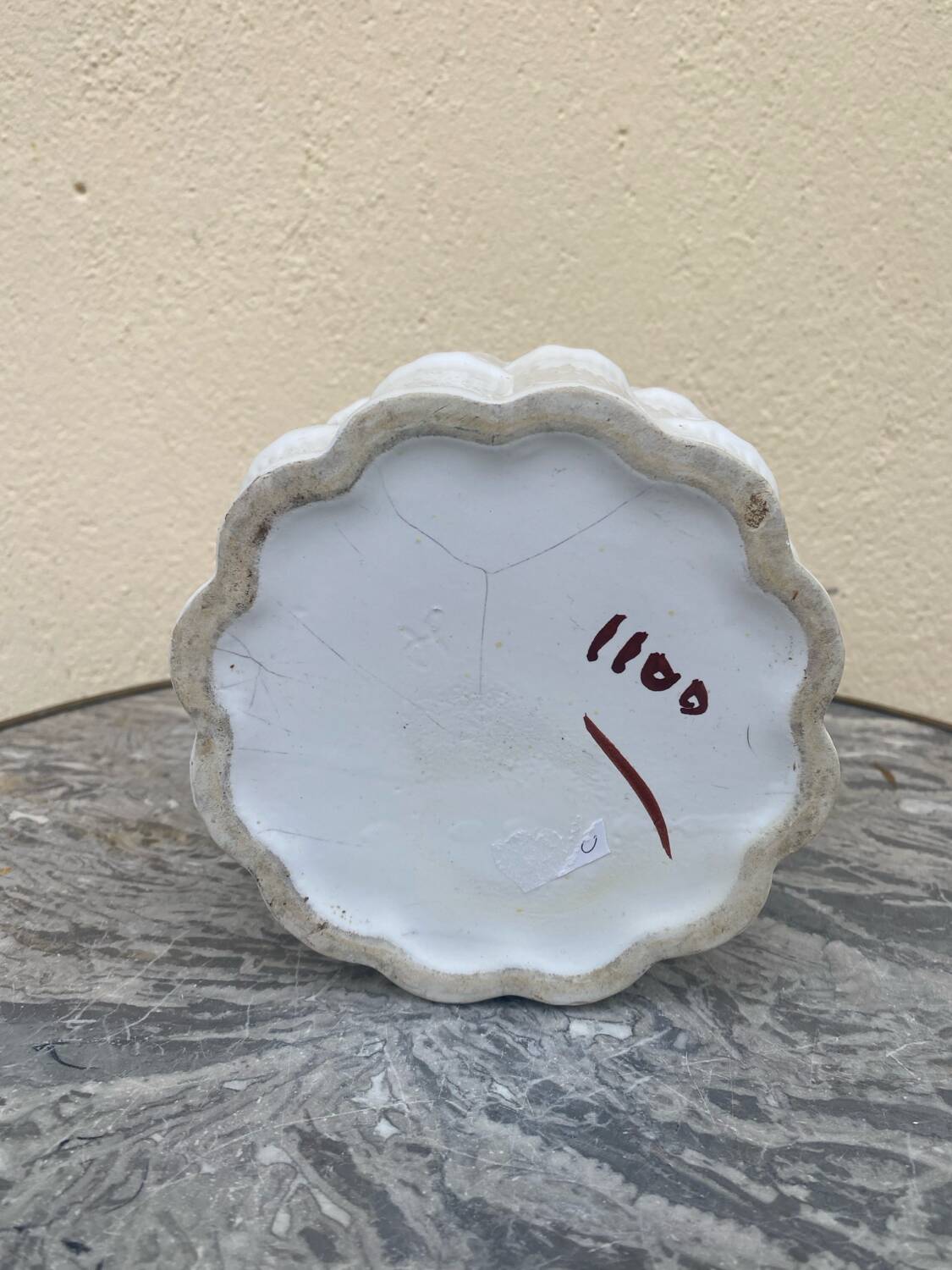 White earthenware flowerpot with bamboo decoration, signed and numbered