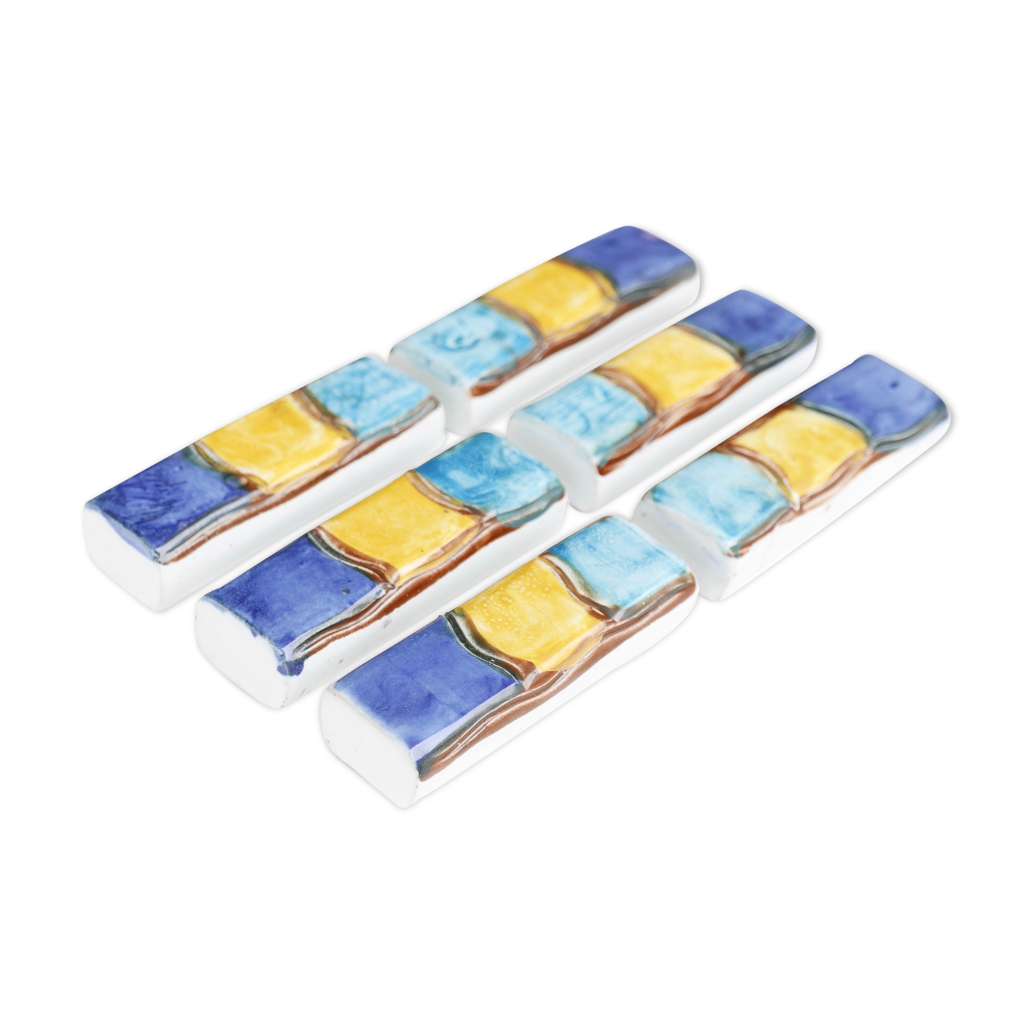 Set of 6 blue and yellow ceramic knife holders, 1980s