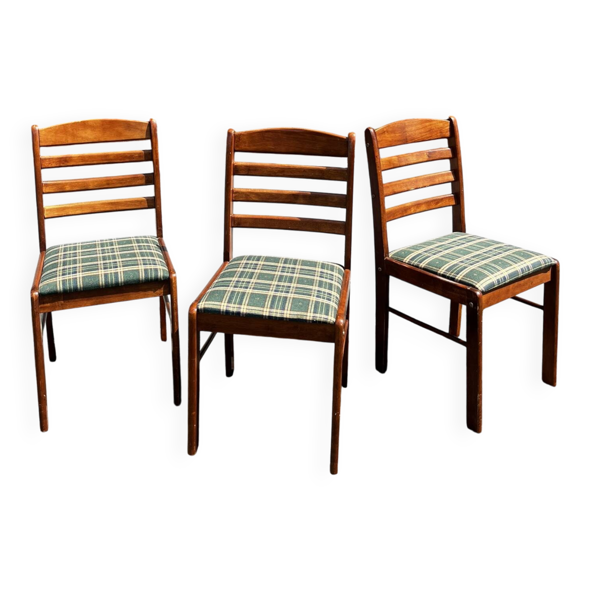 Lot of 3 vintage checkered wood and fabric chairs.