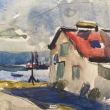 Original watercolor from 1934 Road book Signed Reykjavik Iceland