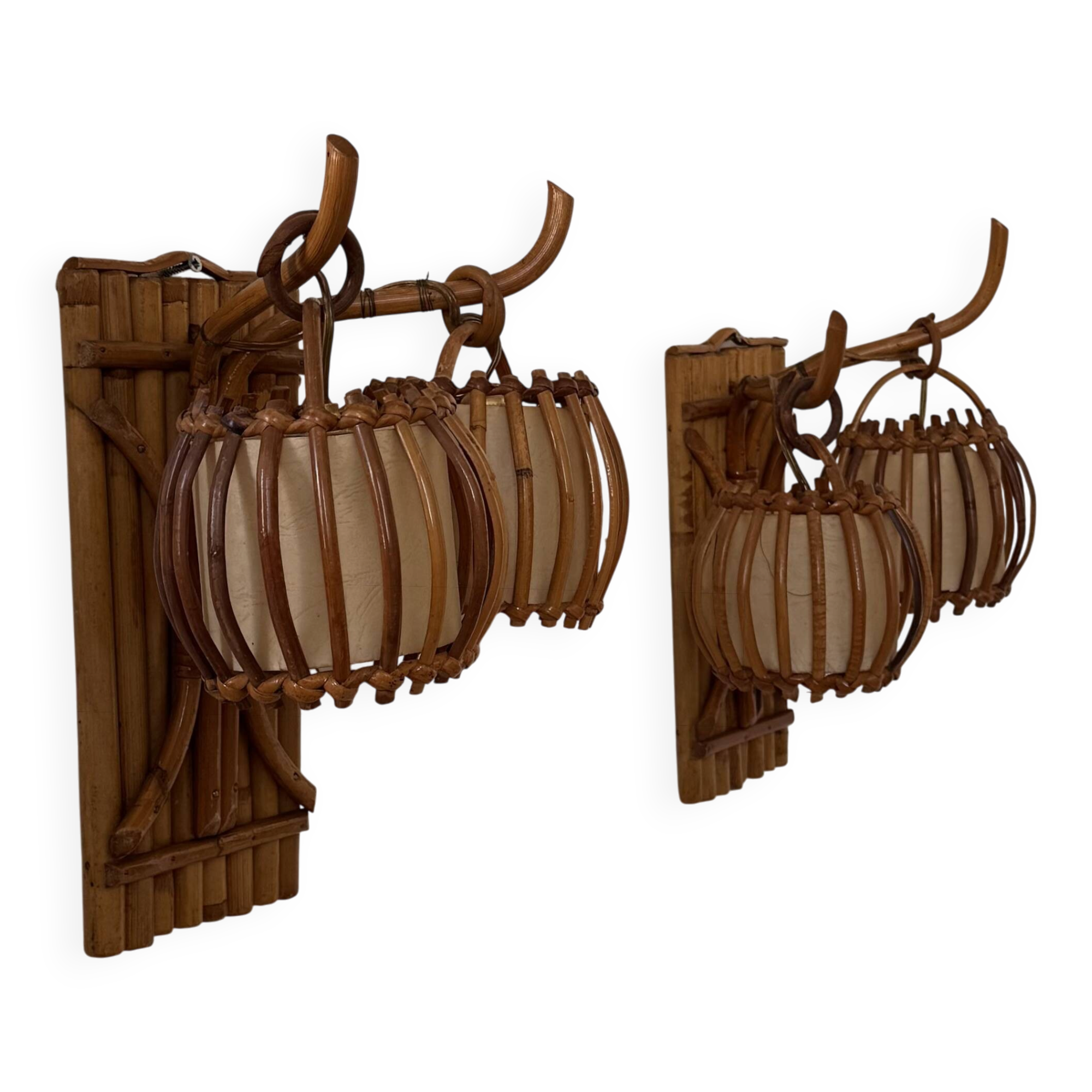 Vintage pair of rattan wall lights, France, 1950.