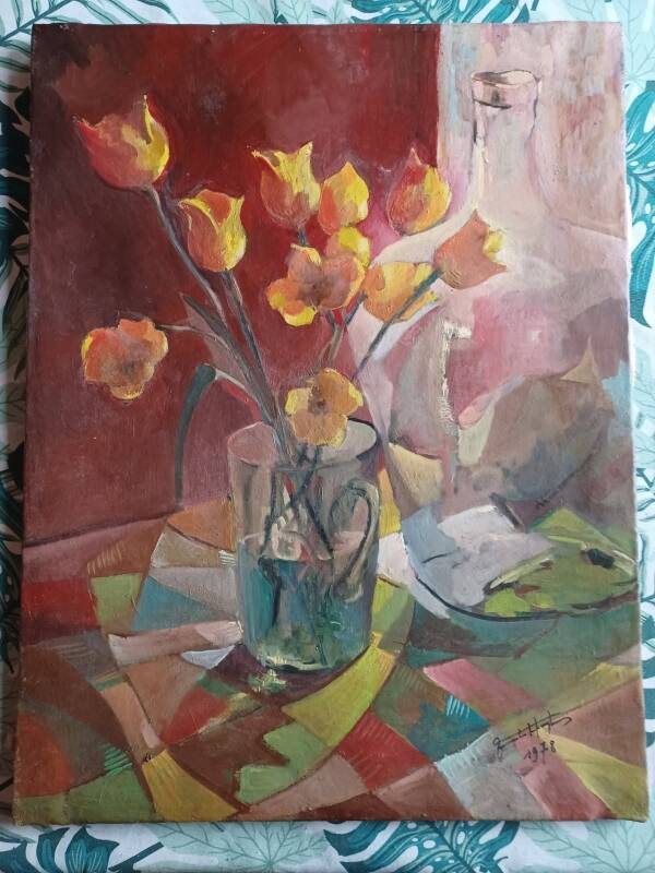 Painting - still life representing a bouquet of tulips signed