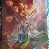 Tableau - nature morte représentant un bouquet de tulipes signé