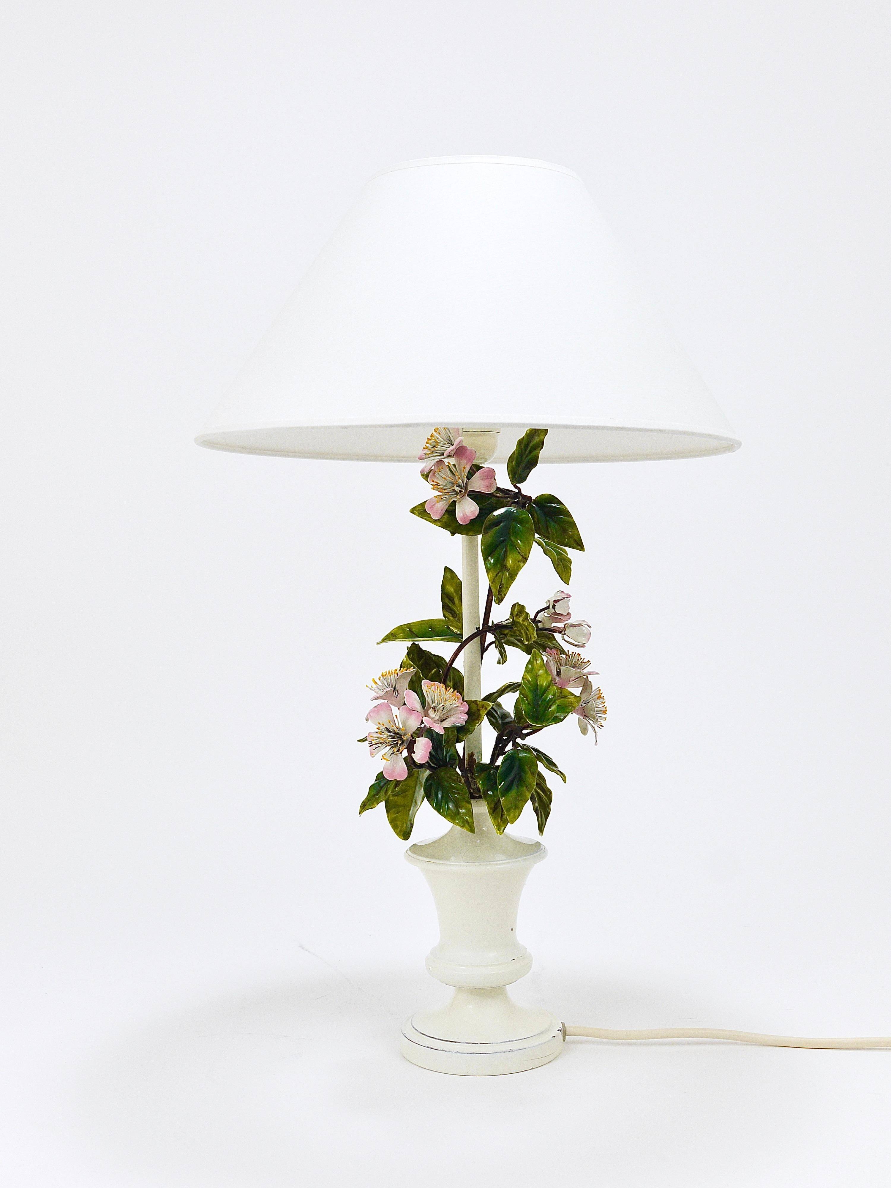 Hand-painted Toleware table lamp with wild apple blossom flowers, Salvadori, Italy, 1950s.