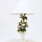 Hand-painted Toleware table lamp with wild apple blossom flowers, Salvadori, Italy, 1950s.