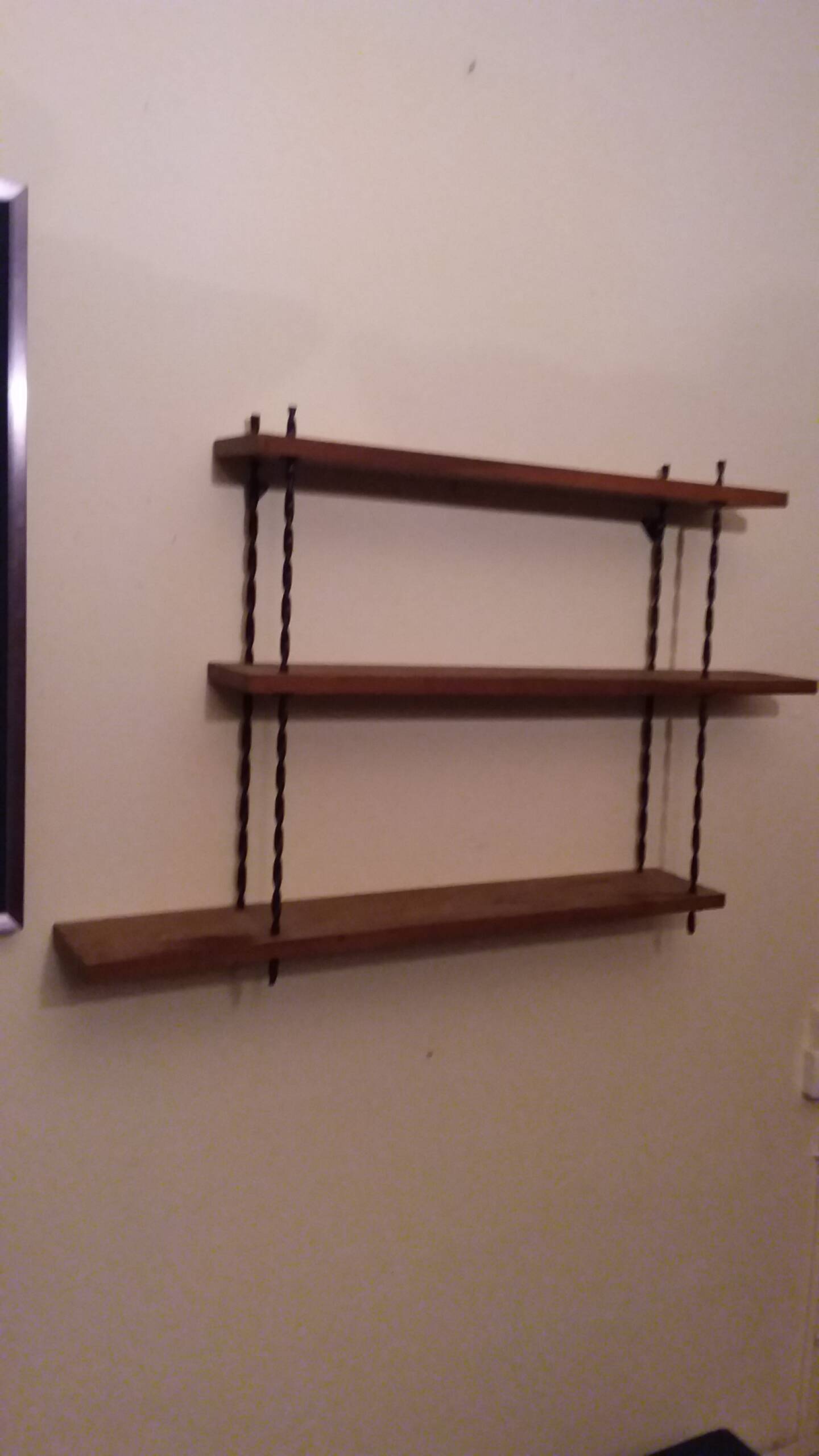 Vintage asymmetrical wall shelf in solid oak and metal from the 60s