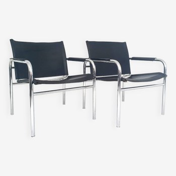 Ensemble de fauteuils klinte par tjord bjorklund pour ikea, chaises vintage design chrome & cuir