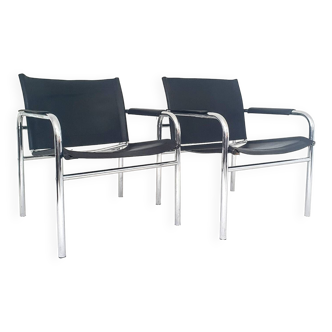 Ensemble de fauteuils klinte par tjord bjorklund pour ikea, chaises vintage design chrome & cuir
