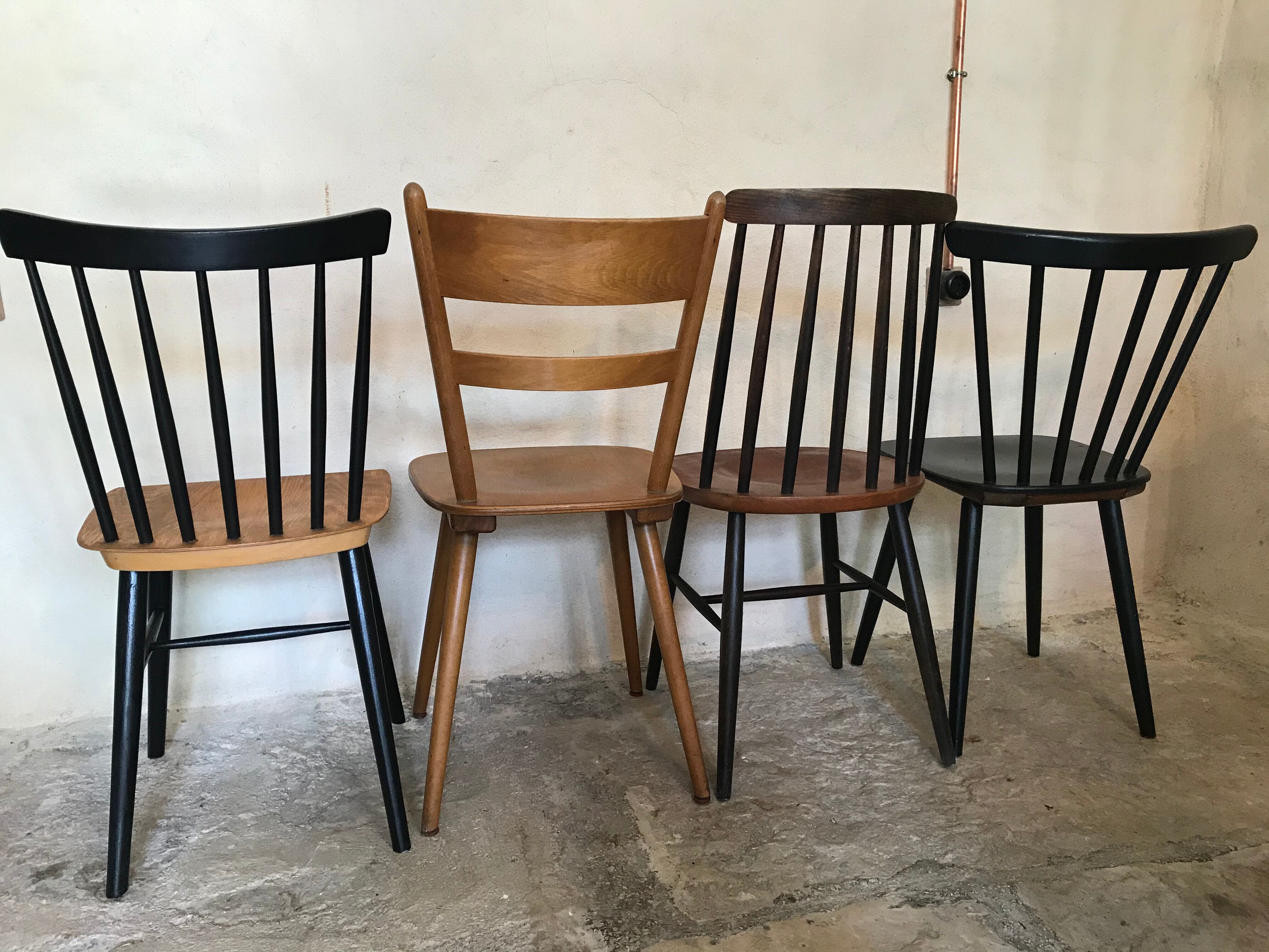 Set of 4 mismatched vintage chairs compass feet
