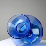 Petit vase globe à pied cristal vintage bicolore bleu et vert