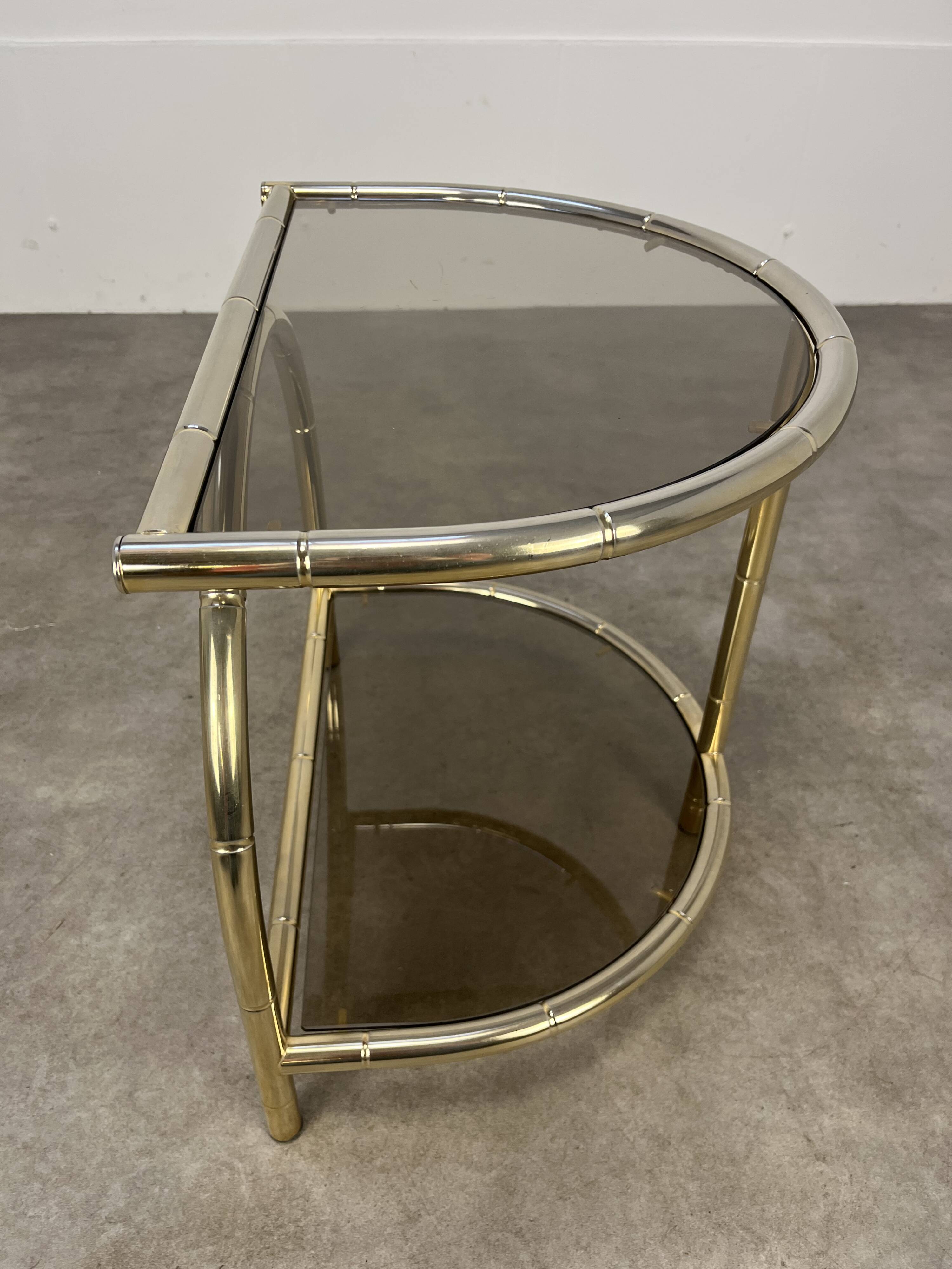 Hollywood Regency bamboo side table, gold and smoked glass, 70s