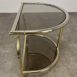 Table d'appoint bambou Hollywood Regency, dorée et verre fumé, 70's