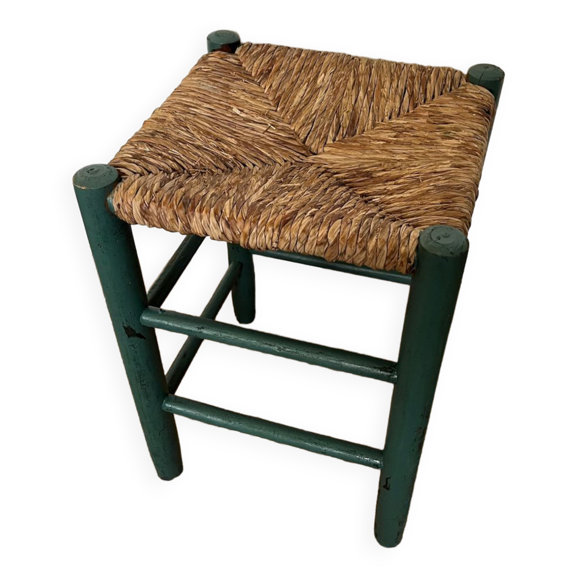 Vintage stool in green patinated wood and straw