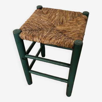Vintage stool in green patinated wood and straw