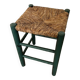 Vintage stool in green patinated wood and straw