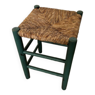 Vintage stool in green patinated wood and straw
