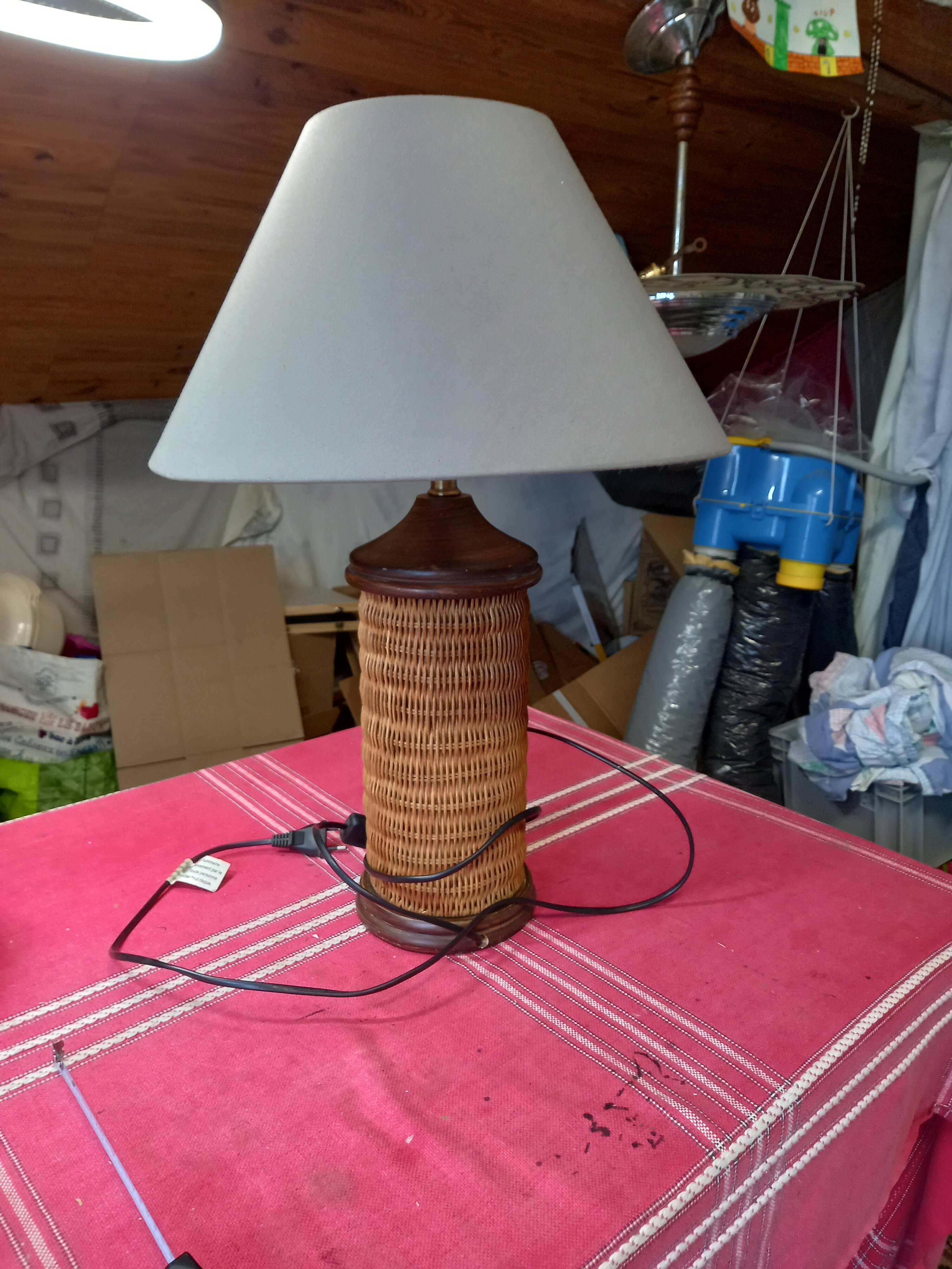 Pretty wicker and wood lamp with gray shade