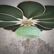 Rattan and Green Linen Flower Pendant Light and Vintage Clichy Glass Globe