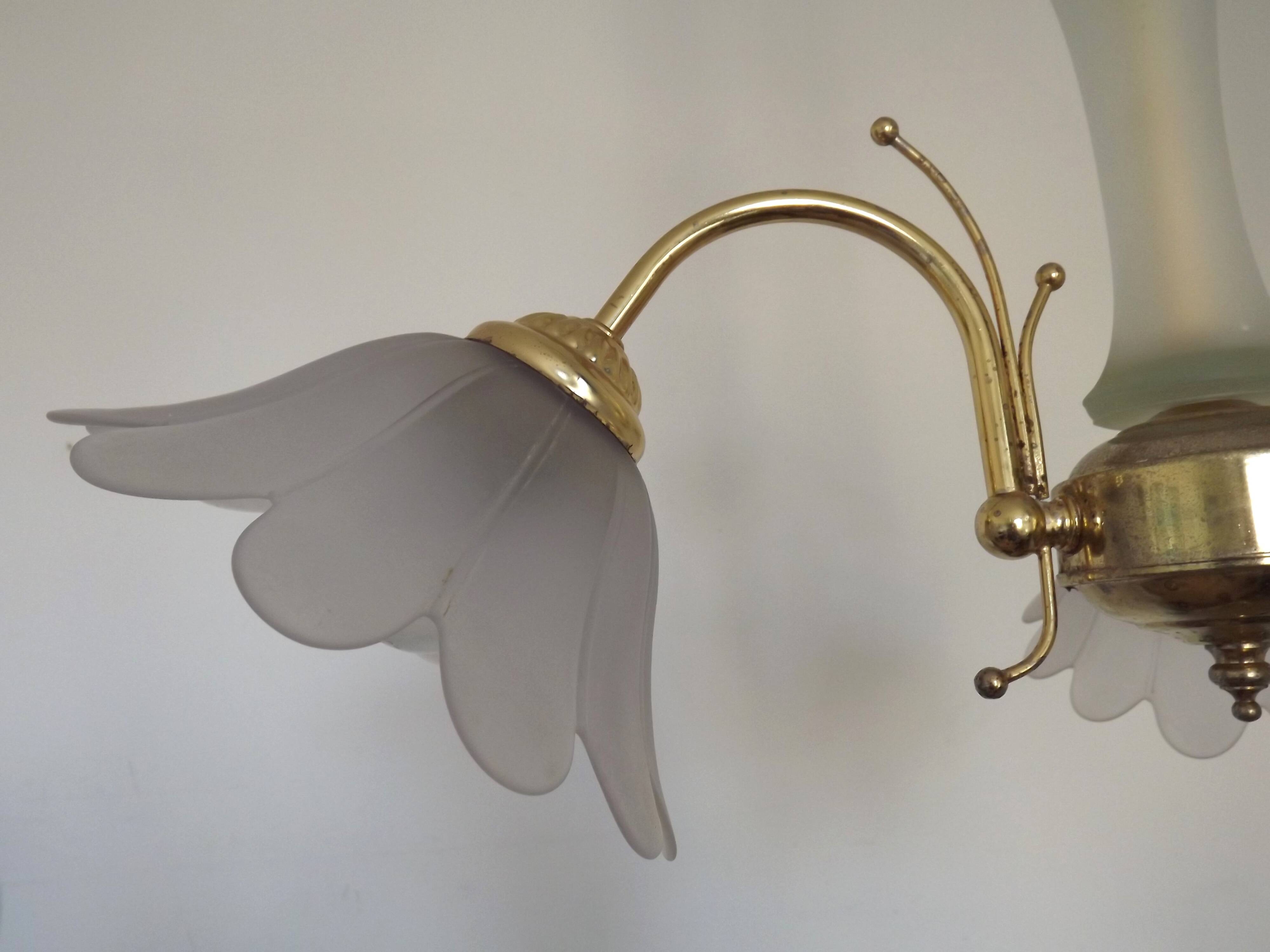 3-Light Vintage French Chandelier Gold Metal Glass Column & Flower Shades