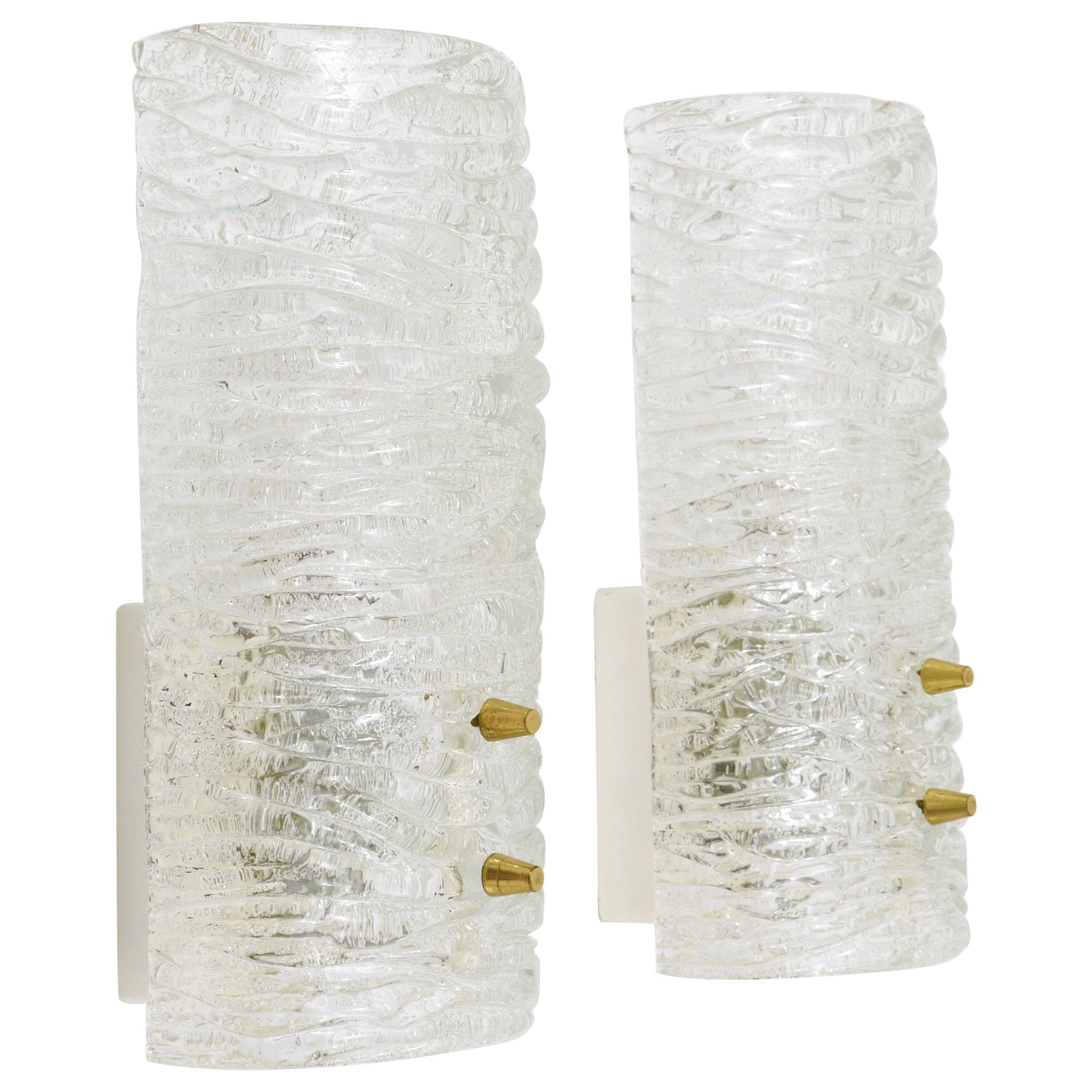Pair of wall sconces by J.T. Kalmar, brass and textured glass, Austria, 1950s.
