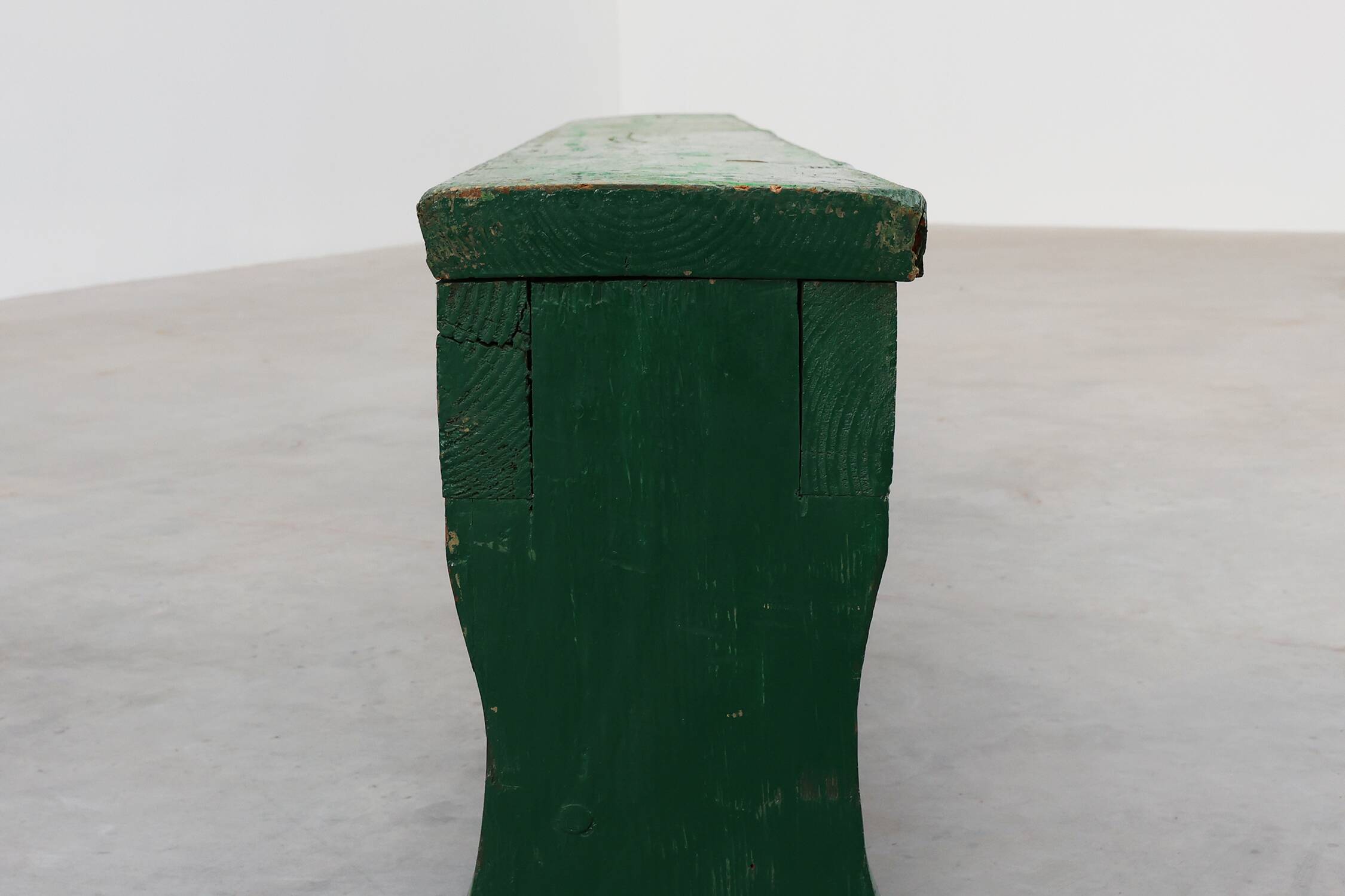 Rustic primitive green farmhouse bench in solid oak, France ca. 1900