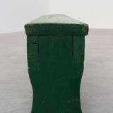 Rustic primitive green farmhouse bench in solid oak, France ca. 1900