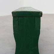 Rustic primitive green farmhouse bench in solid oak, France ca. 1900