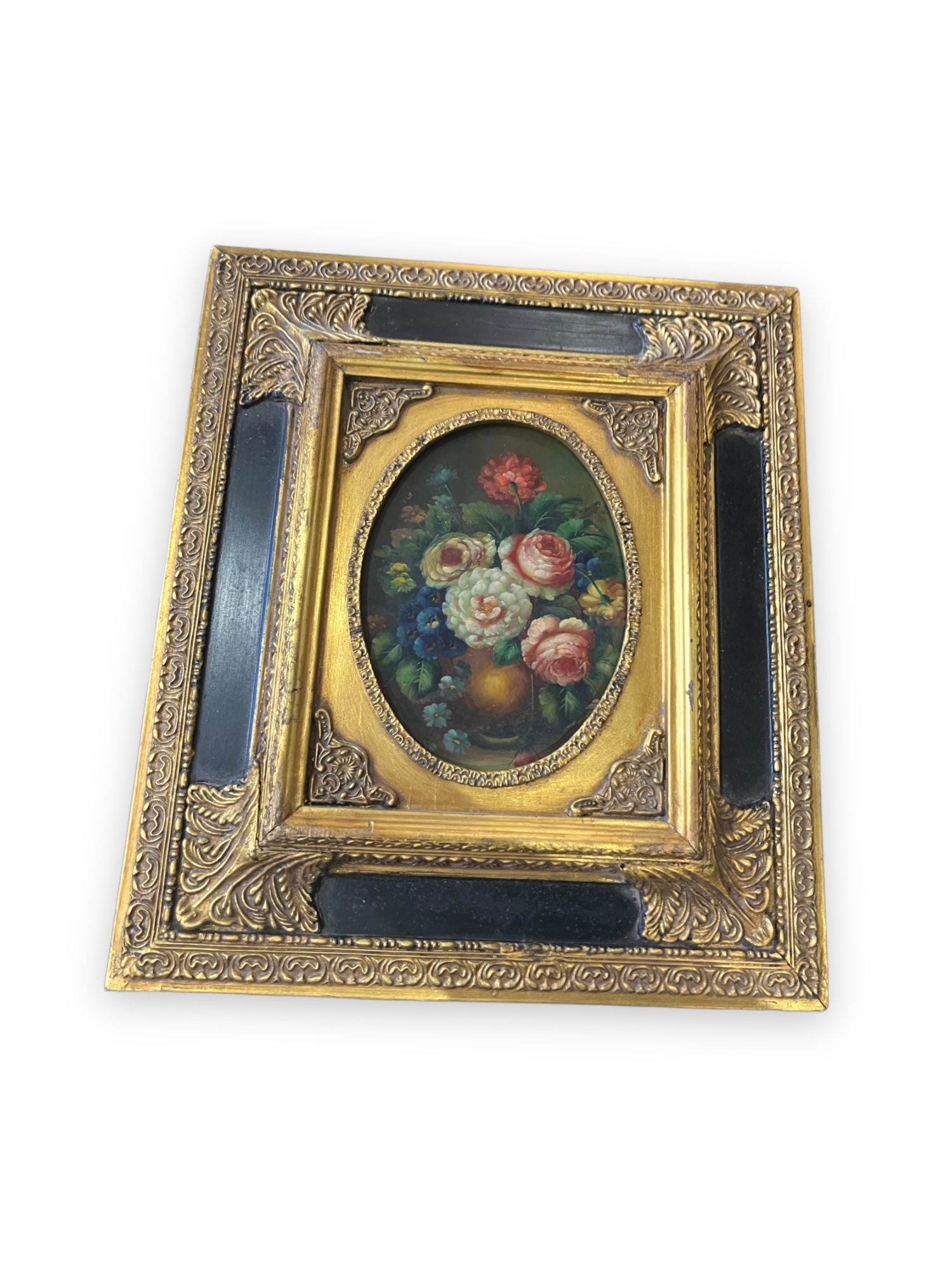 Oil on panel, painting on wood depicting a bouquet of flowers