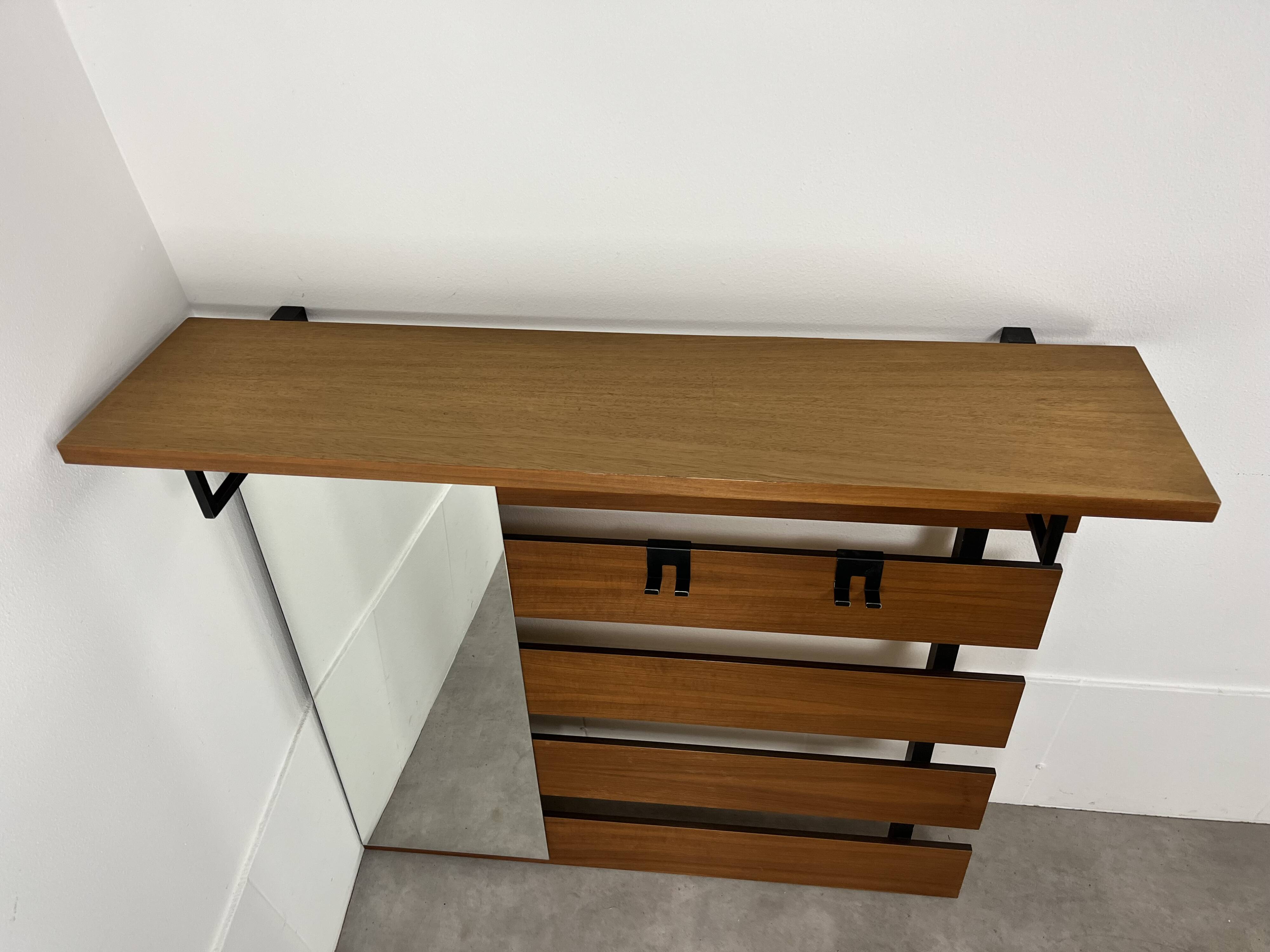 Teak wall coat rack and mirror, 60s, cloakroom