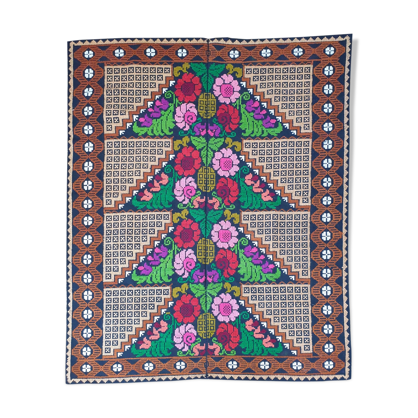 Brown wool rug with colorful boho flowers 142x196cm