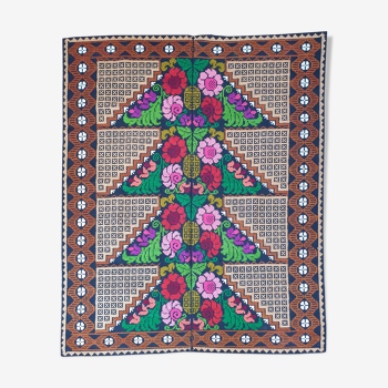 Brown wool rug with colorful boho flowers 142x196cm