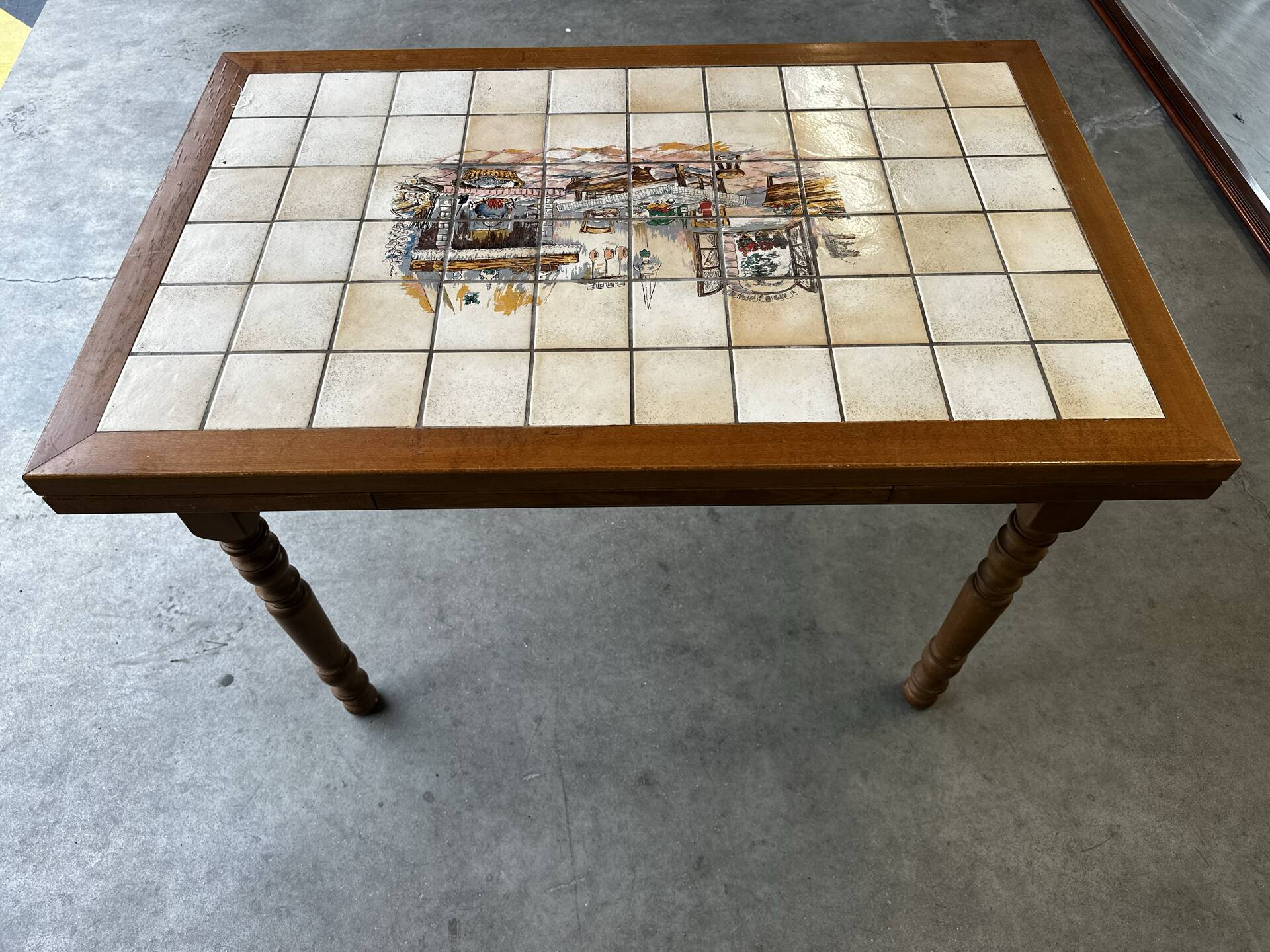 Vintage extendable dining table in wood and ceramic – 1970s