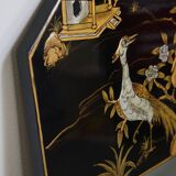 Miroir chinois vintage laqué noir et motifs colorés