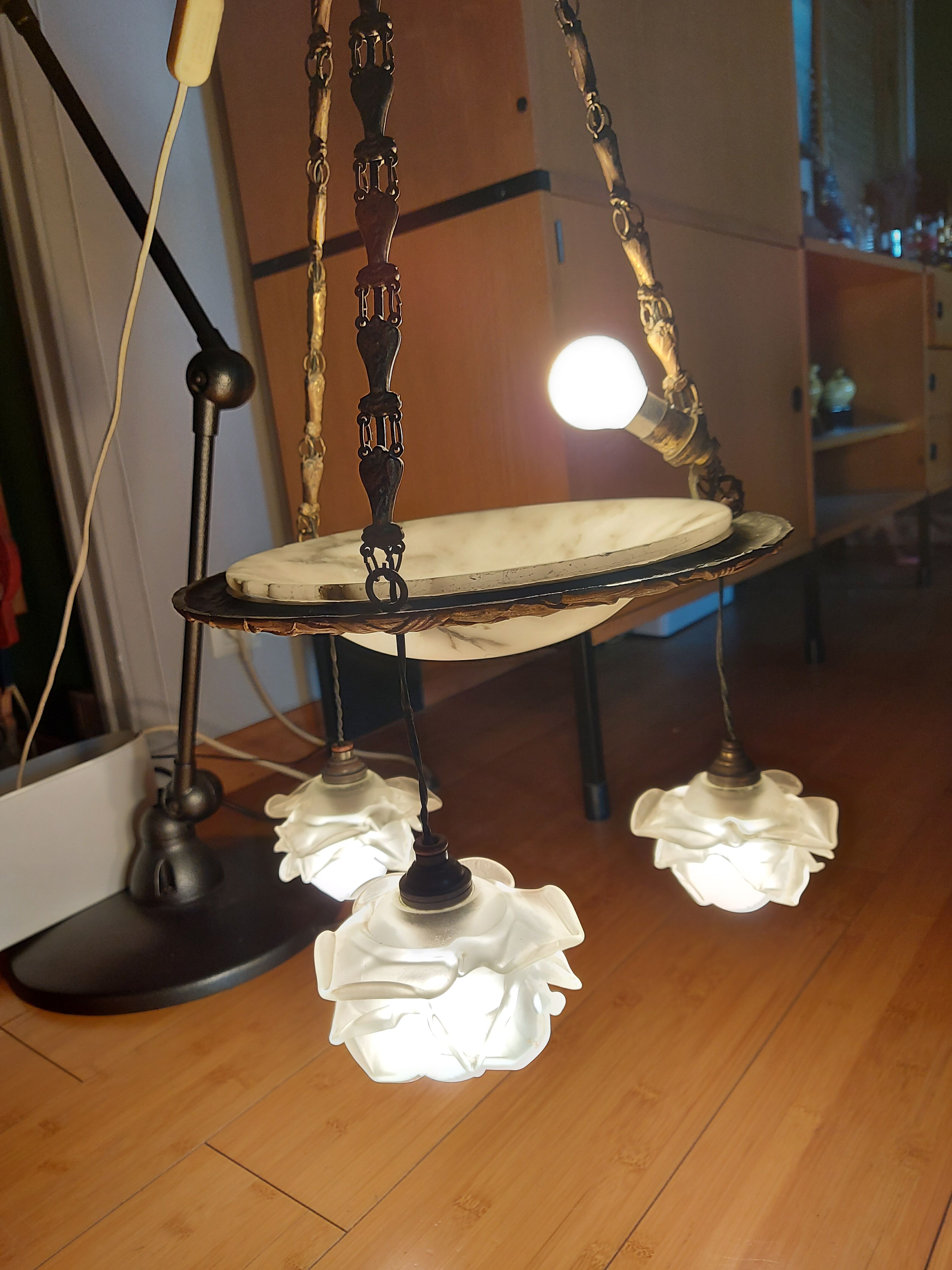 art nouveau chandelier, alabaster shells, molded glass and bronze