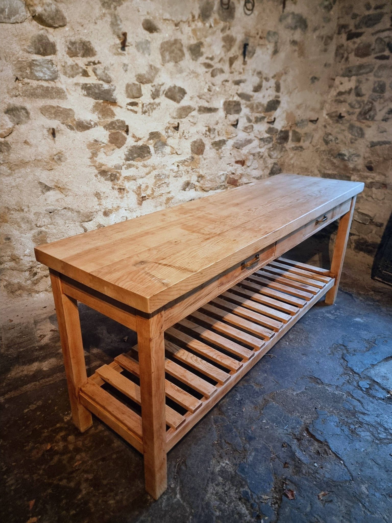 Old French baker's table – kitchen island / work table in solid chestnut with drawers.