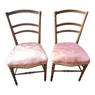 Paire de chaises anciennes en bois tourné – tissu floral rose