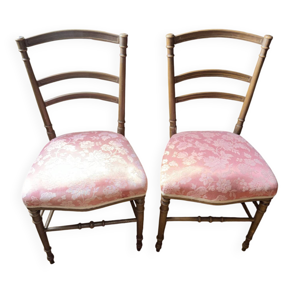 Paire de chaises anciennes en bois tourné – tissu floral rose