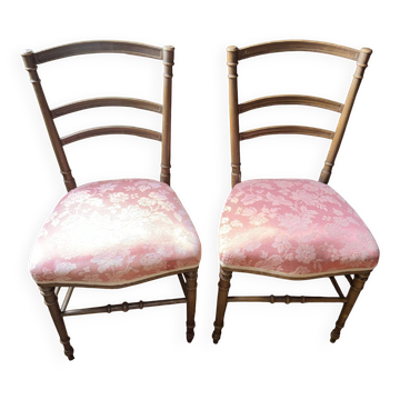 Paire de chaises anciennes en bois tourné – tissu floral rose