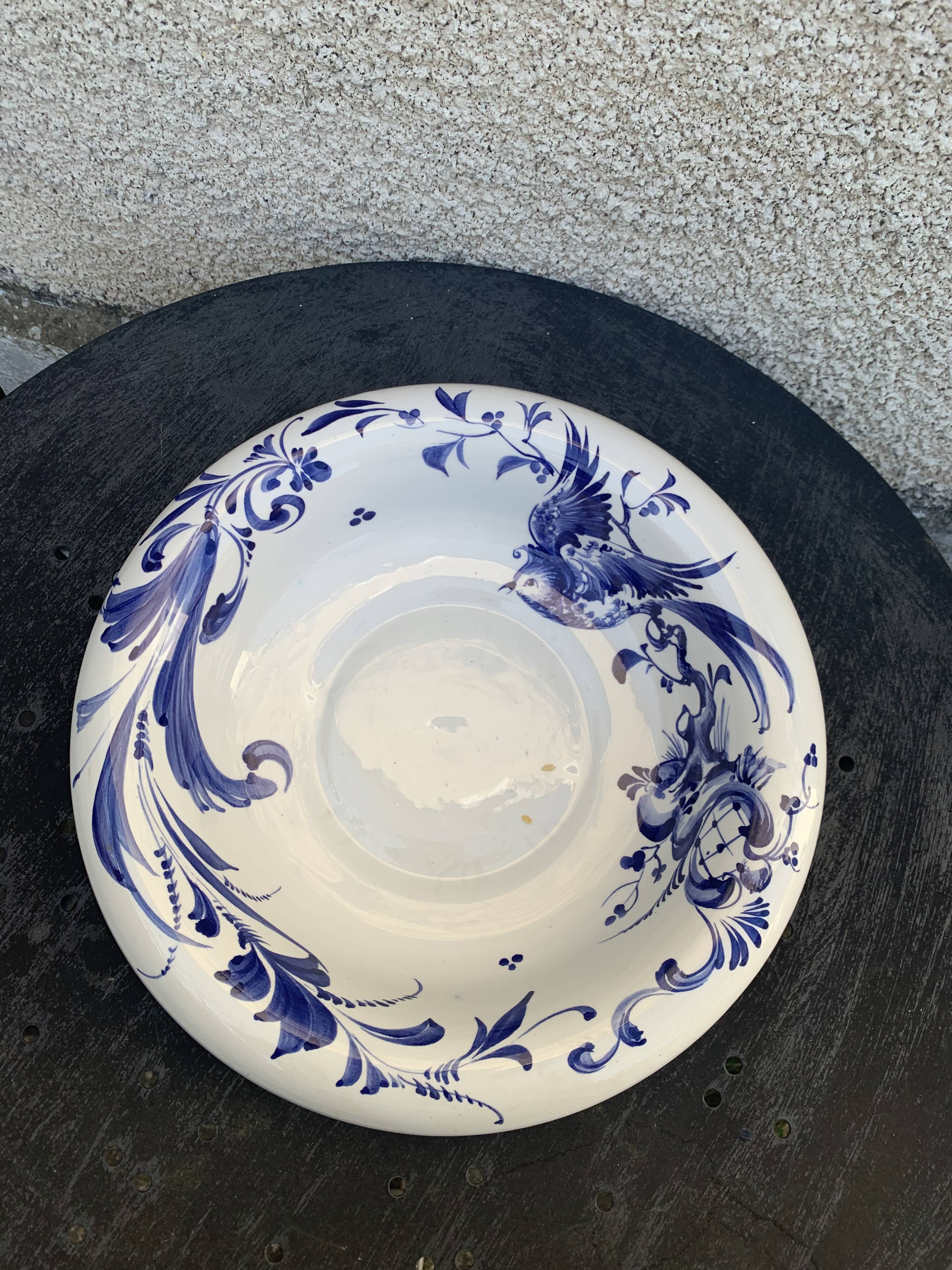 Hollow dish in enameled ceramic bird pattern hand painted Portugal numbered