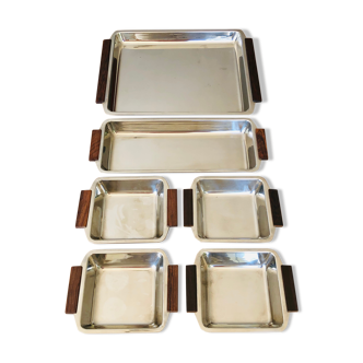 Service of Scandinavian dishes in stainless steel and teak 1970