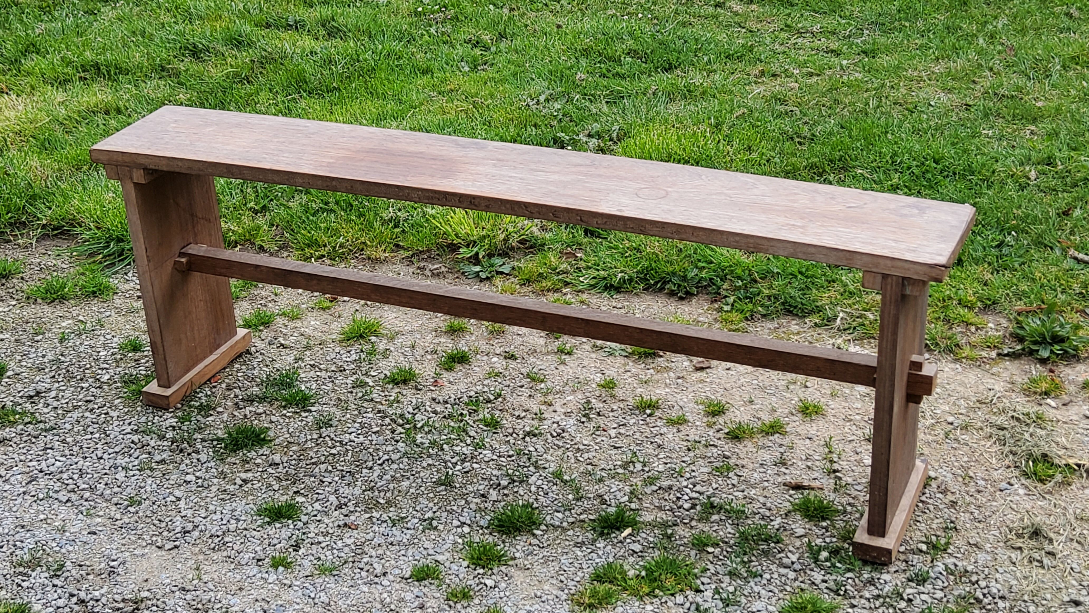 Brutalist antique bench in solid mahogany and solid oak
