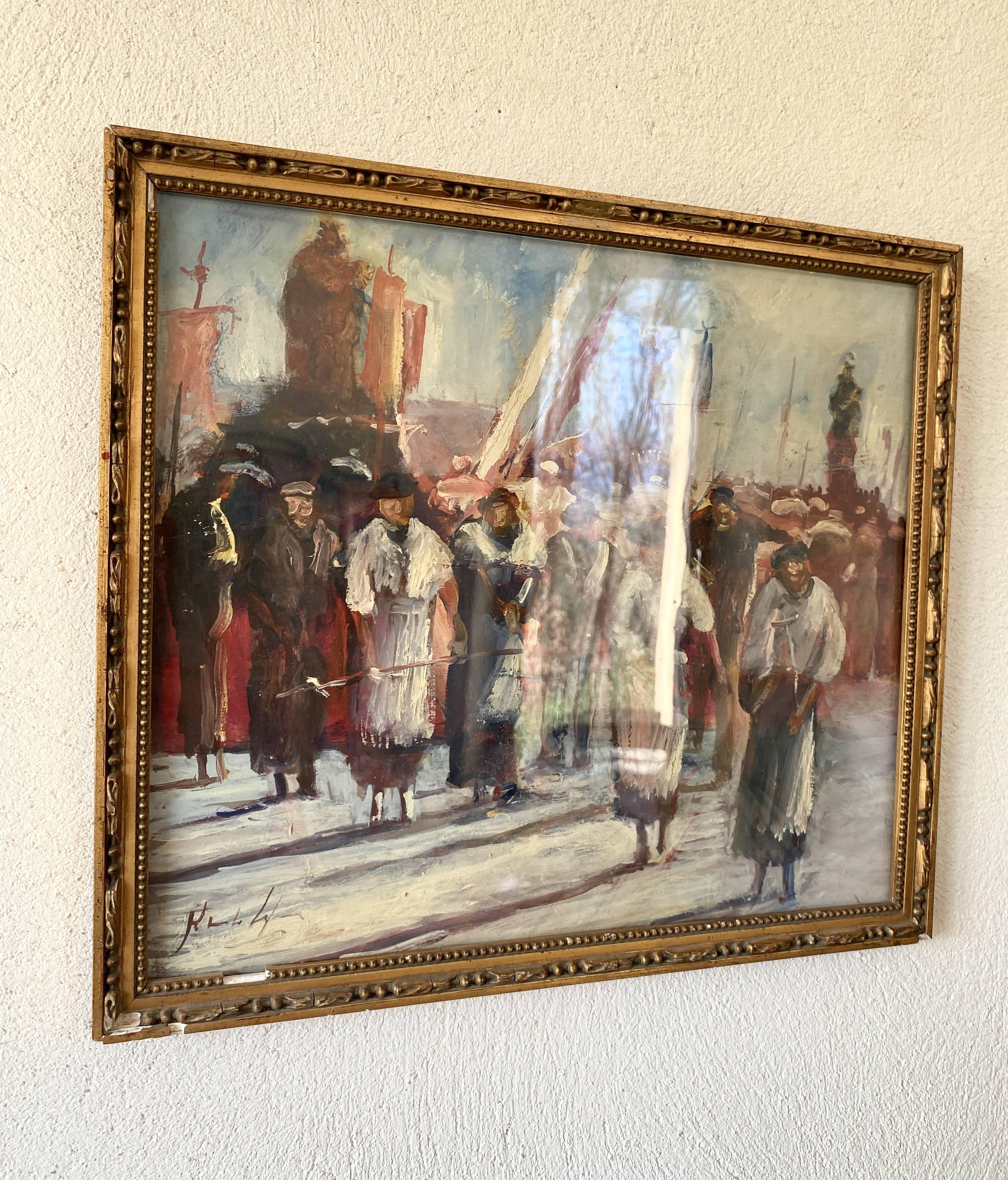 Oil painting “Sicilian procession” 1960, wooden frame and glass