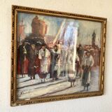 Oil painting “Sicilian procession” 1960, wooden frame and glass