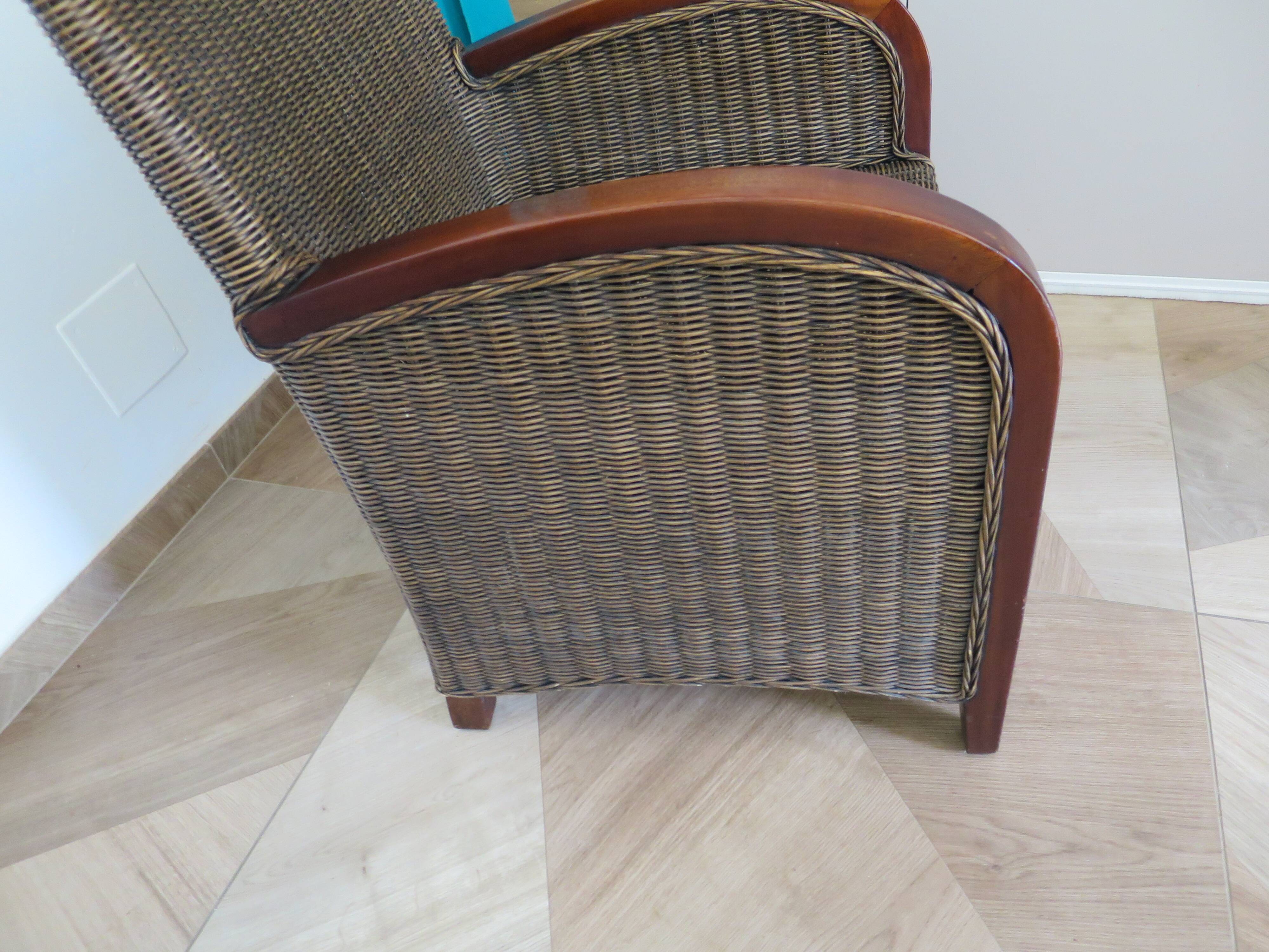 2 armchairs in woven rattan and wood, 1980s