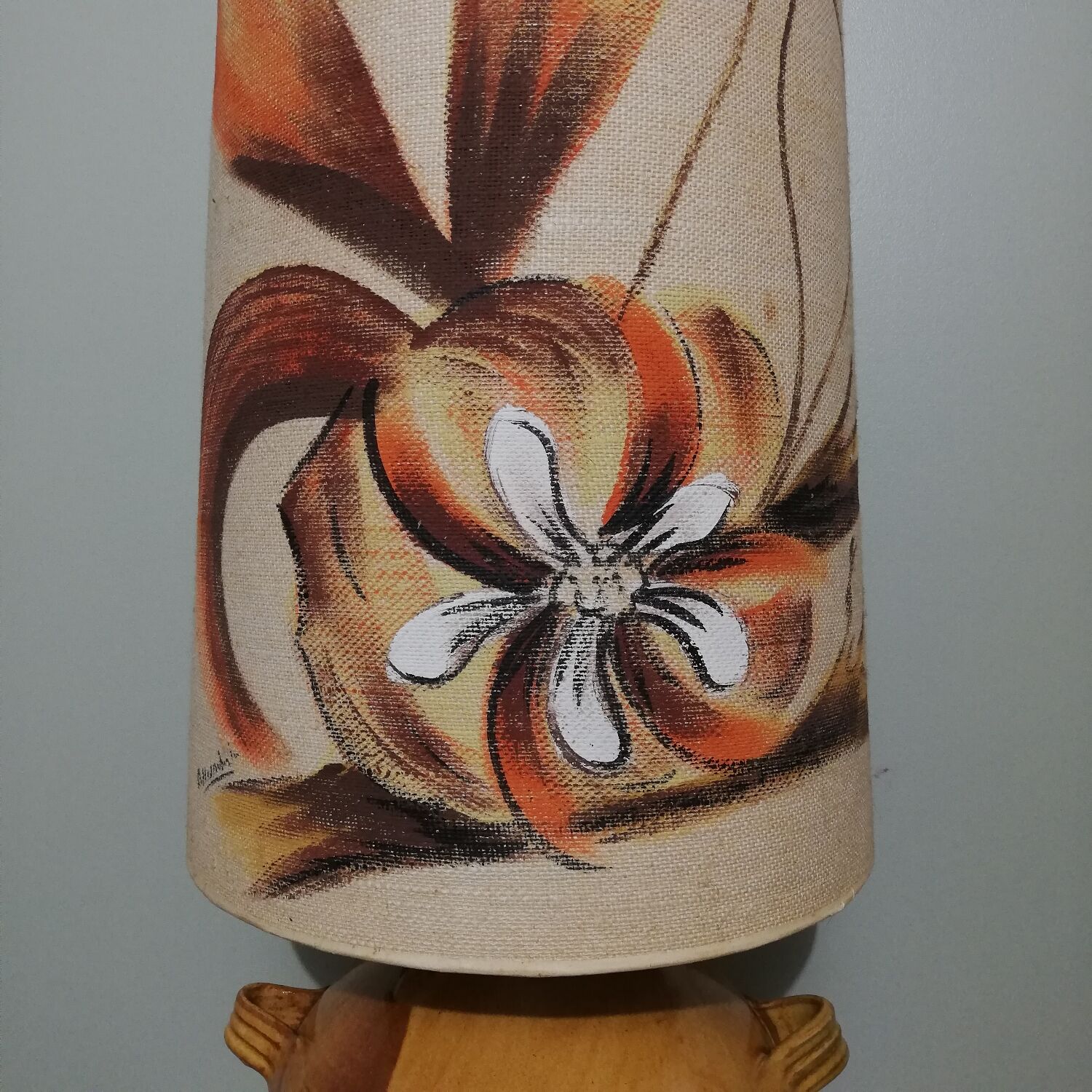 Vintage glazed stoneware lamp with hand-painted lampshade