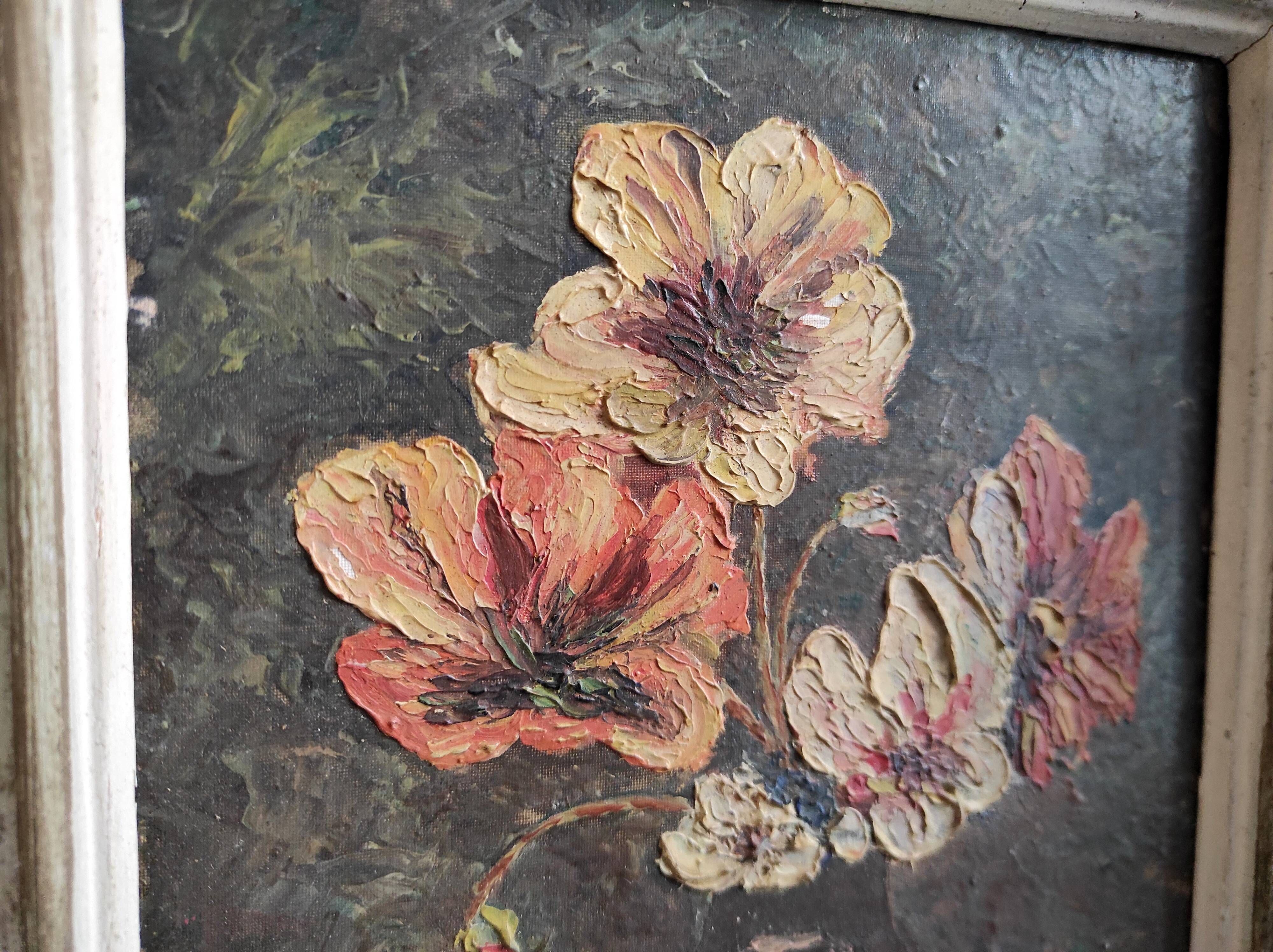 French vintage oil painting of flowers, signed A. Terrier