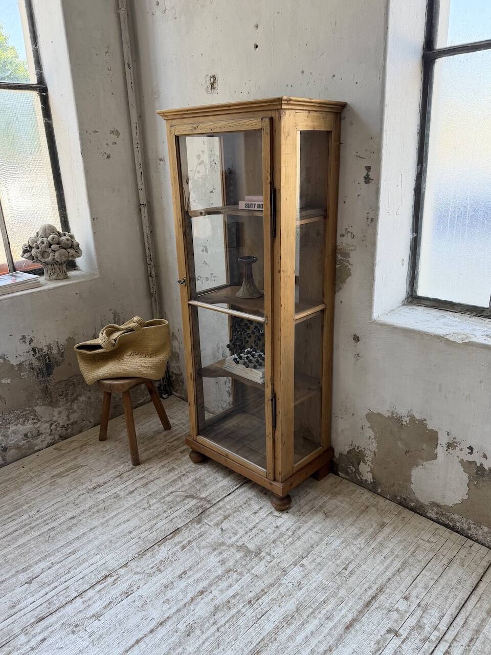 19th-century English pine display cabinet