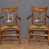 Pair of straw armchairs in cherry wood Directoire early XIX