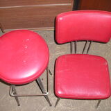 Set of 60s bar seats in chrome metal and red leatherette