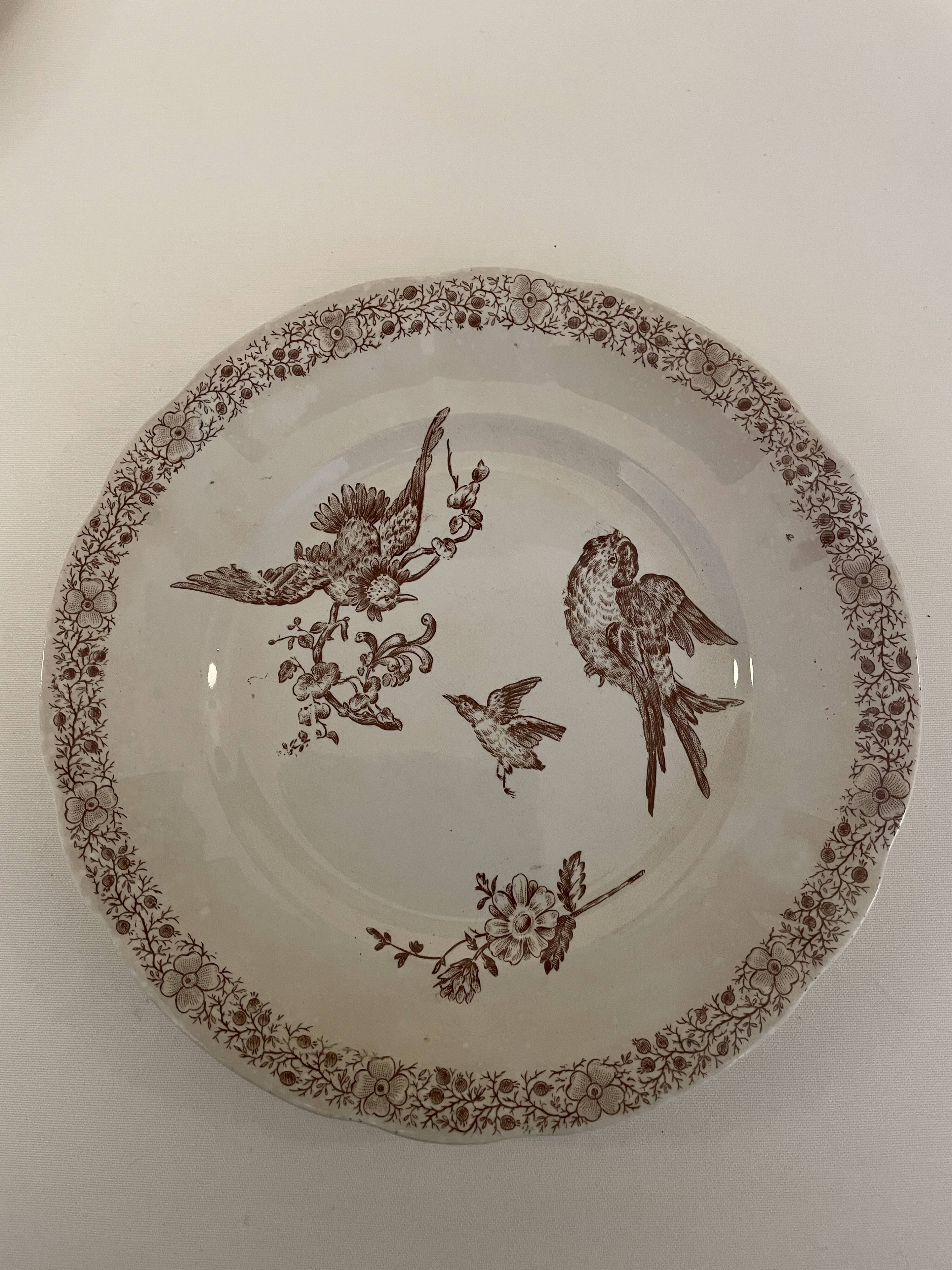 5 Assiettes faïence de Pexonne 19 ème siècle -Décor oiseaux insectes fleurs